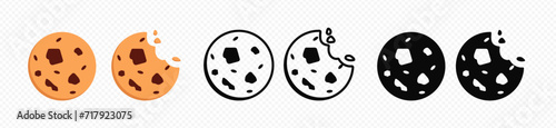 Bitten cookies with chocolate drops. Biscuit snack baked goods in brown and light color with sweet vanilla flavor and appetizing vector design