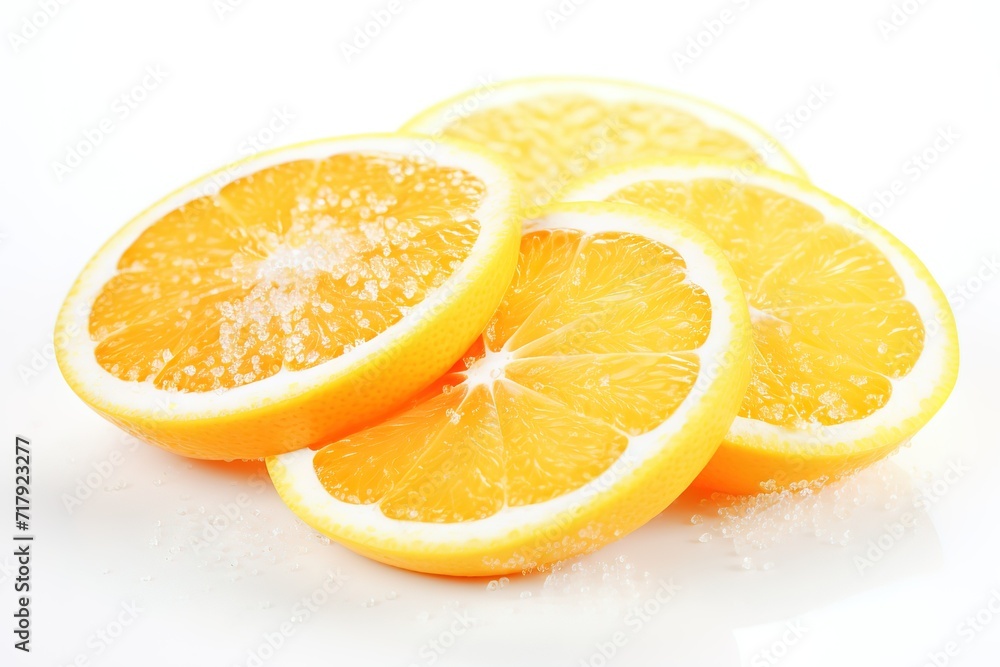 sugar and orange slices on a white background, oranges cut in half on a white surface sugar and orange slices on a white background, oranges cut in half on a white surface