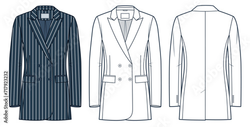 Classic Jacket technical fashion illustration, striped design. Double Breasted Jacket, Blazer fashion flat technical drawing template, front, back view, white, blue, women, men, unisex CAD mockup set. photo