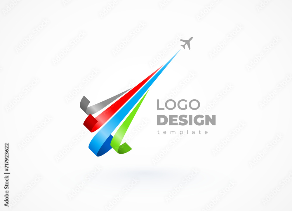 Airplane logo fly takeoff. Colored ribbon actions Airplane logo fly takeoff. Colored ribbon actions