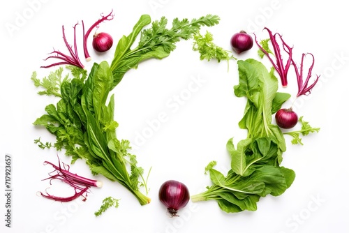 vegetables and herbs arranged in a circle on a white background