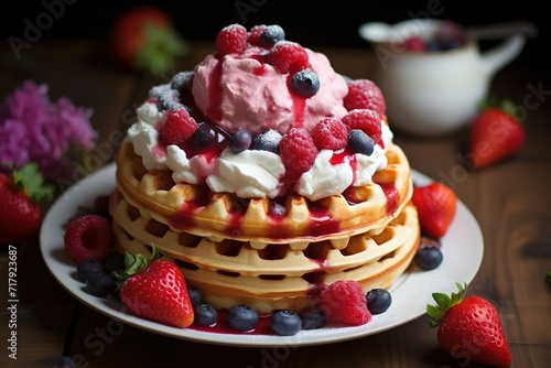 waffles with strawberry and blueberry whipped cream