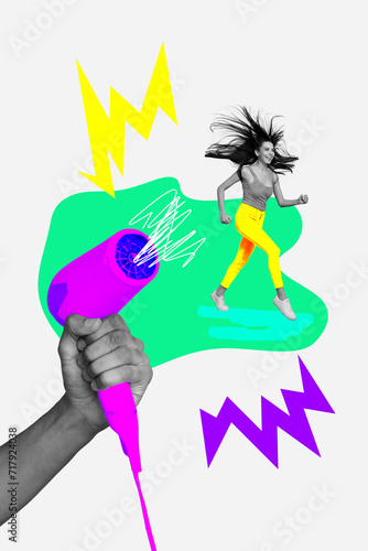 Photo collage artwork minimal picture of arm holding hair dryer following funny running lady isolated graphical background photo