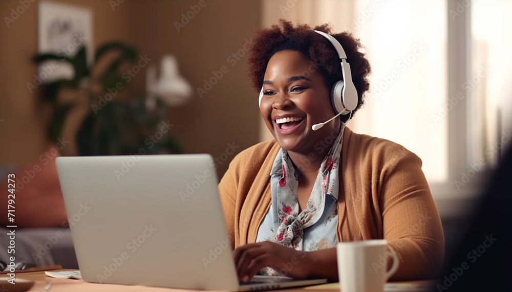 Positive plus size woman specialist talking with a claimant over the phone in a call center - obrazy, fototapety, plakaty 