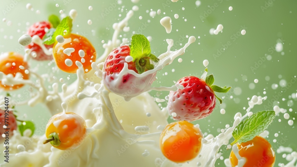 Milk splash with fruits and berries. White liquid with fruits and berries on green background. Milk splash with fruits and berries. White liquid with fruits and berries on green background.