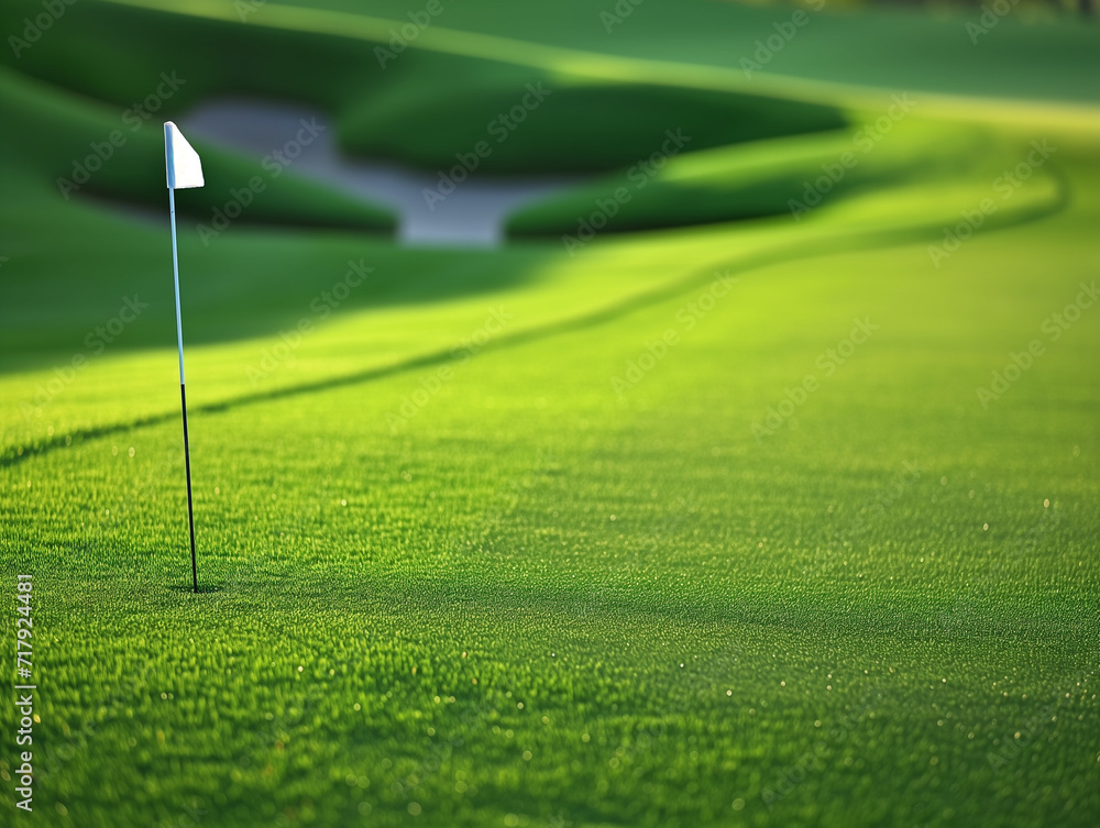 Obraz premium Serene golf course with flag on hole at sunset