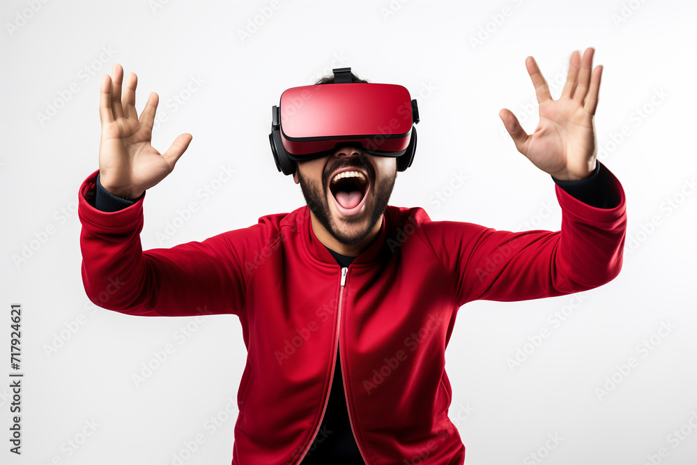 Man in red enjoying a virtual reality experience Man in red enjoying a virtual reality experience