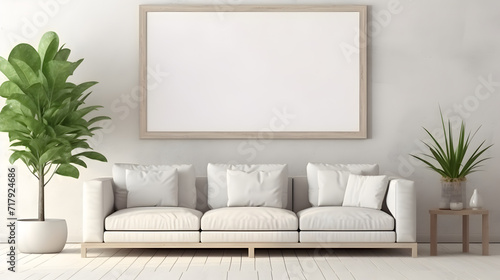 Modern cozy mock up and decoration furniture of living room and empty canvas frame on the white wall texture background, 3D rendering,, Contemporary bedroom with big bed and blank poster frame 