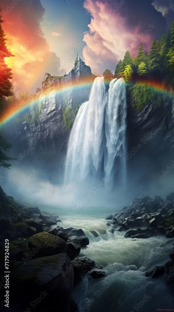 A mesmerizing rainbow forming over a powerful waterfall, the mist catching the sunlight to create a vivid spectrum of colors.