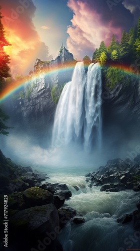 A mesmerizing rainbow forming over a powerful waterfall  the mist catching the sunlight to create a vivid spectrum of colors.