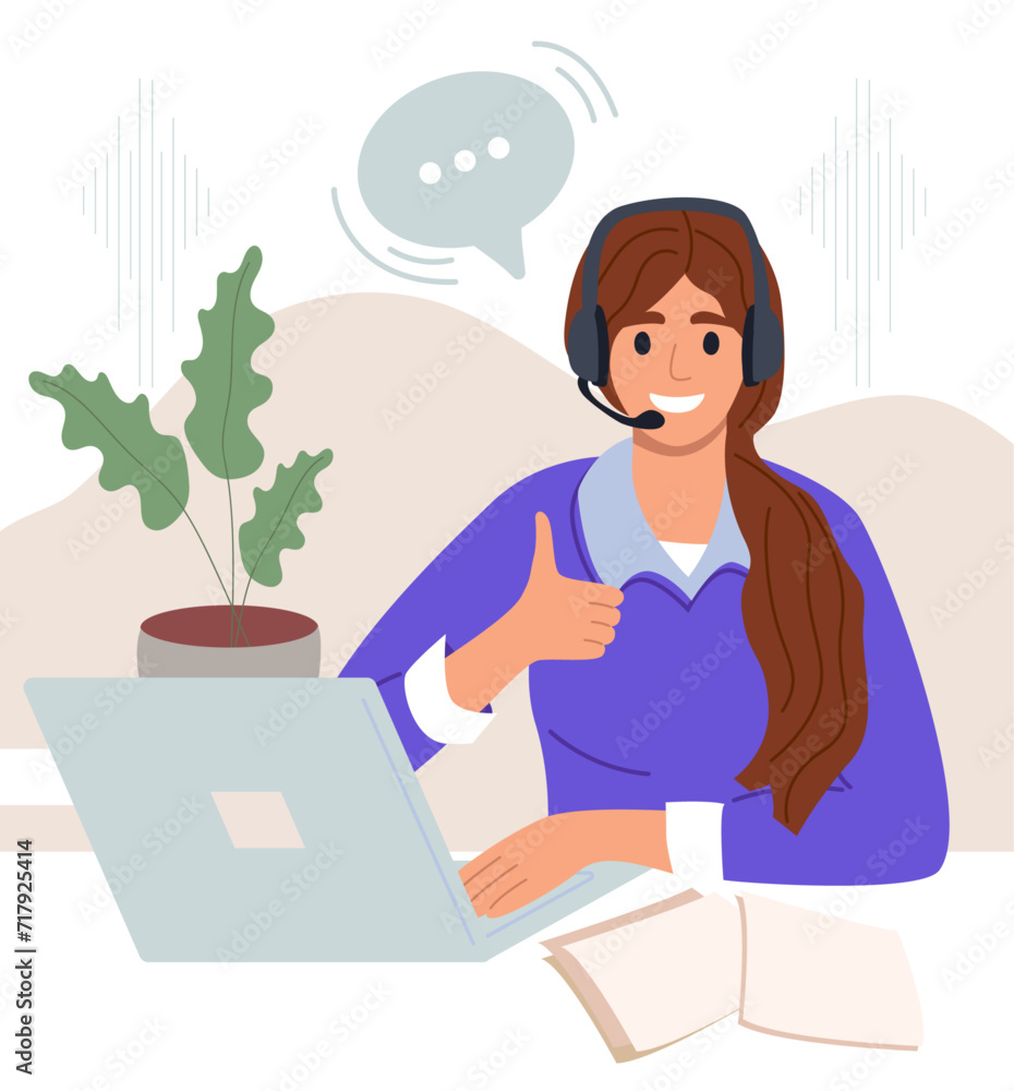 Call center, hotline flat vector illustration. Smiling office worker with headset cartoon character. Customer support department staff, telemarketing agent. 