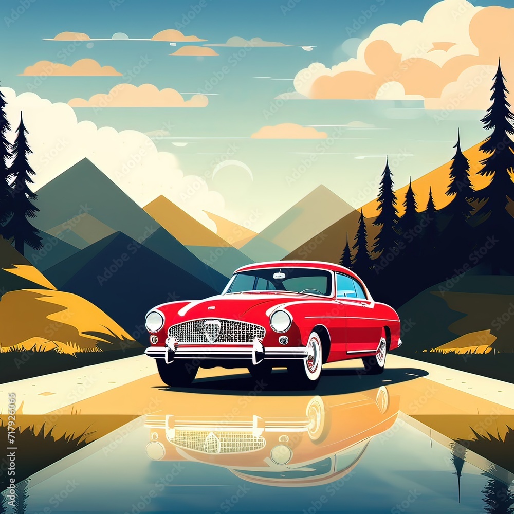 Vintage Red Car Amidst Nature’s Beauty, A Scenic Mountainous Landscape