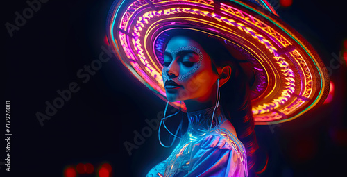 Woman with Neon Mexican Hat. Generative AI, non-existent person.	