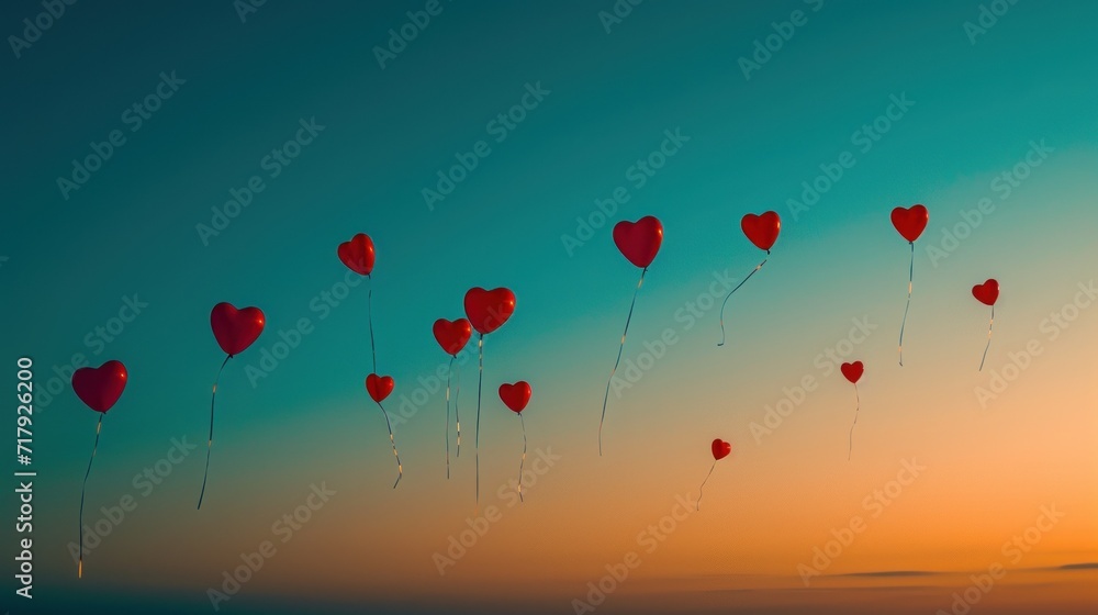 A long stretch of heart-shaped balloons against a dawn sky, creating a romantic and serene backdrop.