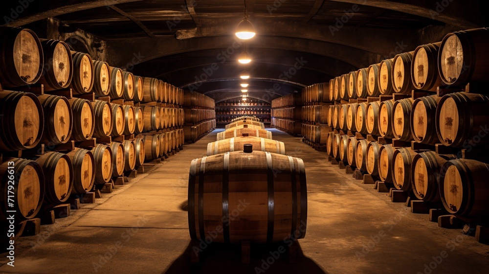 Wine barrels in the cellar of a winery. AI.