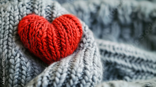 A hand-knitted red woolen heart rests upon a grey knitted sweater, giving a sense of homemade warmth and tender care.