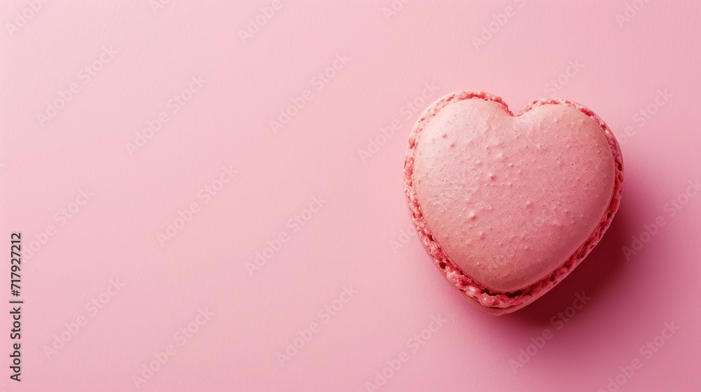 A background with copy space and a close-up of a heart-shaped macaron on a pink background, with a crisp texture that suggests a sweet, romantic treat.