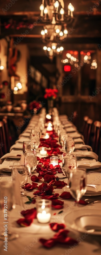 a long table set for a romantic Valentine's dinner, beautifully adorned with rose petals and candles, providing an elegant backdrop with a warm, inviting atmosphere.