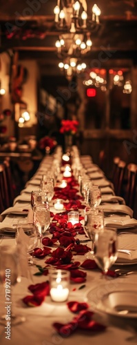 a long table set for a romantic Valentine's dinner, beautifully adorned with rose petals and candles, providing an elegant backdrop with a warm, inviting atmosphere.