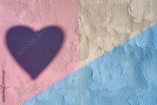 A heart-shaped shadow divides a pink and blue textured wall, providing a creative and colorful Valentine's Day mockup backdrop or banner 