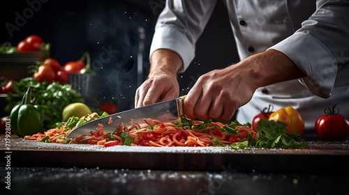 Professional chef slicing vegetables, ideal for culinary websites and cooking shows