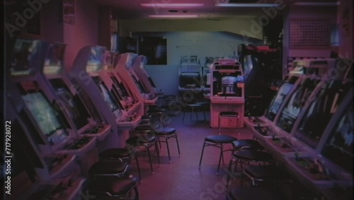 Vintage Arcade Gaming Lounge VHS Texture Tracking Shot. Walking through an old empty gaming lounge, vintage VHS texture. Tracking shot photo