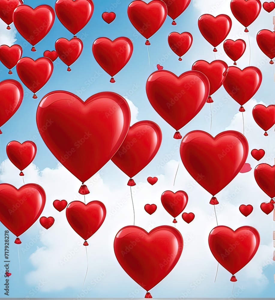 A Celebration of Love: Red Heart Balloons Ascending into a Cloudy Blue Sky