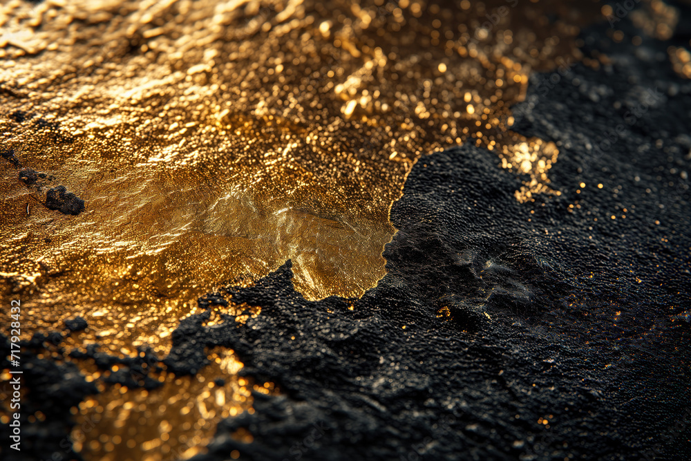 Golden layers on a black rock. Background image. Created with Generative AI technology Golden layers on a black rock. Background image. Created with Generative AI technology
