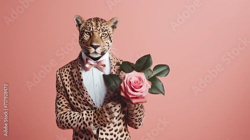 Jaguar holding rose in love on pink background. Valentine's day-wedding. greeting card. presentation. advertisement. copy text space.