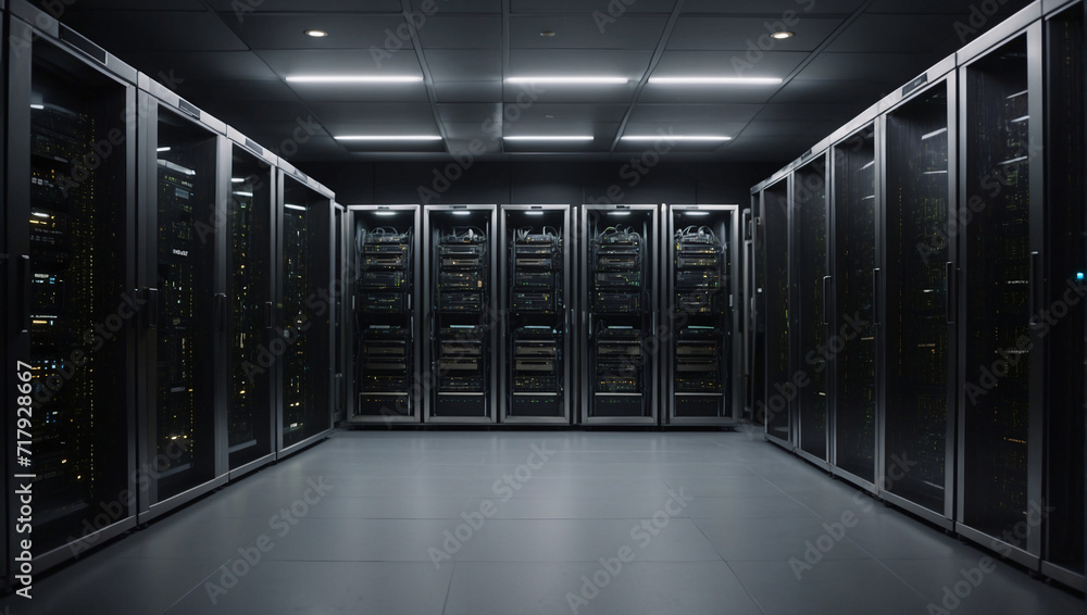 In room there is digital center for collecting, processing, storing data. Dark modern server room. Network equipment, telecommunication technologies. Atmosphere of room is emphasized by dim lighting