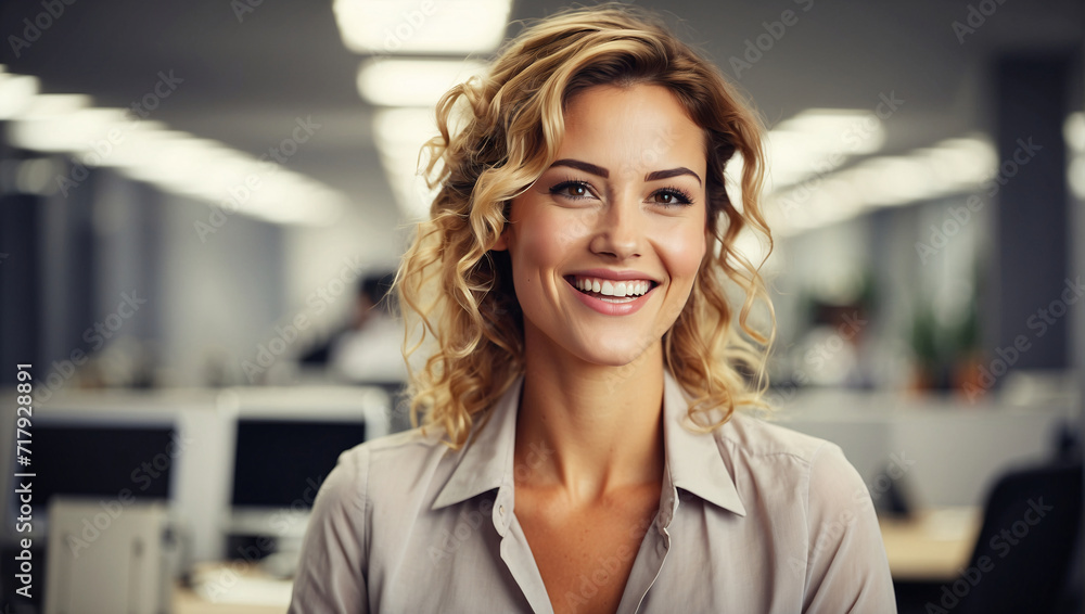 Portrait female programmer with curly hair smiling, looking at camera. Young beaming lady in office. Blurred background, colleagues working during working hours. Work on financial, marketing projects Portrait female programmer with curly hair smiling, looking at camera. Young beaming lady in office. Blurred background, colleagues working during working hours. Work on financial, marketing projects