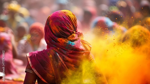 A picture of a sprinkling of color powder during the holi festival in india. © Akbar