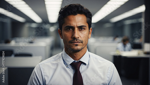 Portrait of middle-aged office worker. Man dedicated to work, with serous gaze directed at camera. Blurry modern office is in background. Tables separated by partitions. Look reflects determination photo