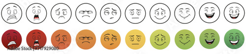 Black and color round faces emotions set. Characters people with red anger and yellow surprise expressing disbelief and green joy with comic book vector design
