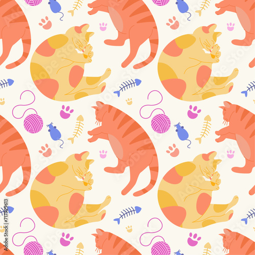 Colorful seamless pattern with cute cats and decorative elements. Hand-drawn vector illustration. Flat style
