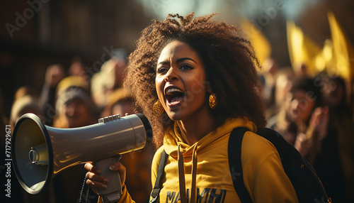 Young African American woman shouting through megaphones while supporting anti-racism protests. photo