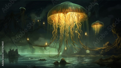 a jellyfish floating in the air  above water  the jellyfish s colour is green  medieval fantasy style