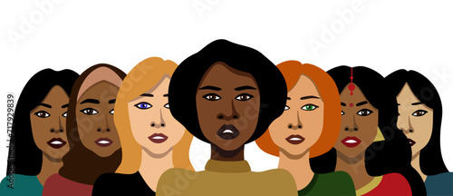 Different nationalities women concept vector illustration in minimalistic style on white background