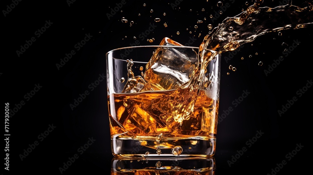 Whiskey glass brandy bottle of whiskey with ice glass of scotch and ice sits on top of a rustic whiskey barrel old Whiskey glass brandy bottle of whiskey with ice glass of scotch and ice sits on top of a rustic whiskey barrel old