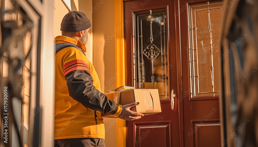 Obraz premium Postman delivering package of goods to home with smile and happy face. Home delivery concept.
