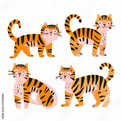 Clipart de tigres nas cores rosa, bege e laranja isolado no fundo branco