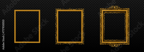 Gold rectangular frames with ornaments set. Elegant vintage banners for photos and paintings with luxurious victorian design and antique baroque vector style