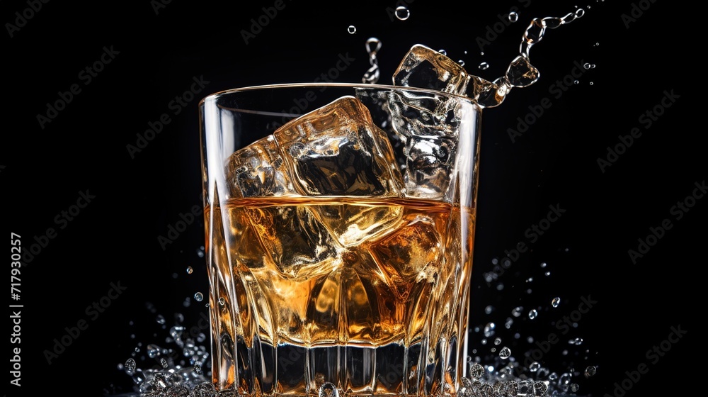 Whiskey glass brandy bottle of whiskey with ice glass of scotch and ice sits on top of a rustic whiskey barrel old Whiskey glass brandy bottle of whiskey with ice glass of scotch and ice sits on top of a rustic whiskey barrel old