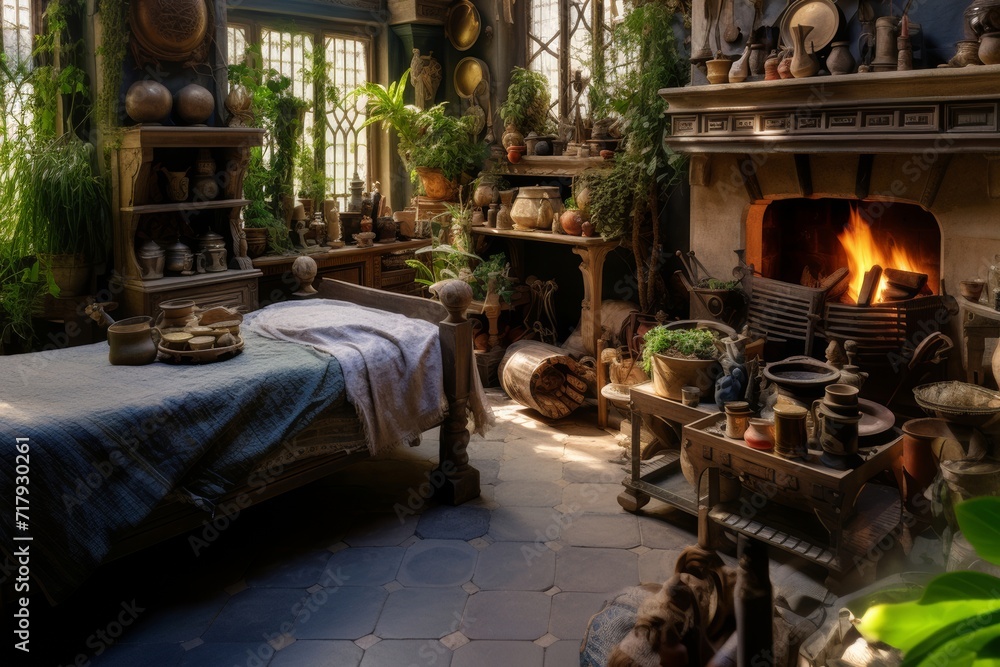 a medieval bedroom, lots of pottery, a bed, frescoes, herbs, jars, zoomed out