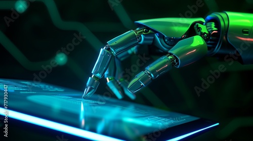 Robot hand touching tablet screen with finger, hyperrealistic neon green and blue