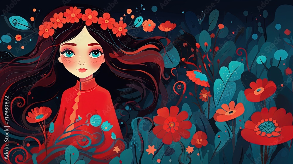 Vibrant illustration of a girl with floral wreath in a red dress surrounded by whimsical flowers and butterflies on a dark background.