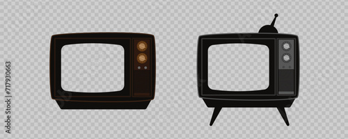 Retro tv template. Equipment with blank screen for video broadcasts and films with an old design and classic analog vector antenna