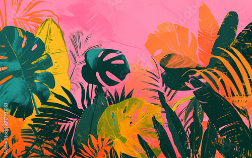 plantas tropicais Colagem, estilo pop,  impressos em risografia em papel  photo