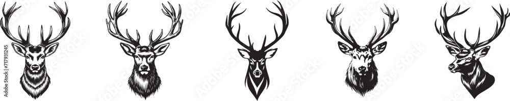 Obraz premium set of deer profile black and white vector graphics