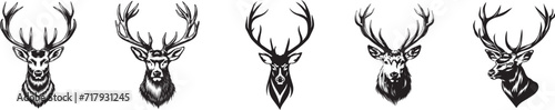 set of deer profile black and white vector graphics